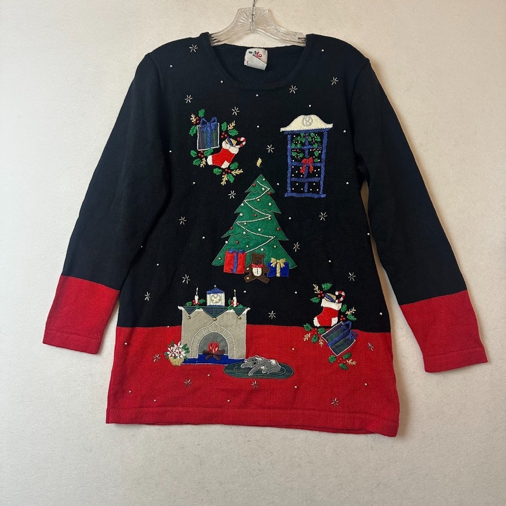 Nutcracker‎ Vintage Christmas Sweater Womens Medium Black Red Beaded Embroidered